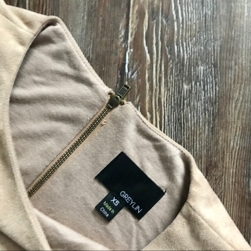 Greylin Nude Faux Suede Saulina Neutral Short Sleeve Minimalist Dress - Picture 4 of 5